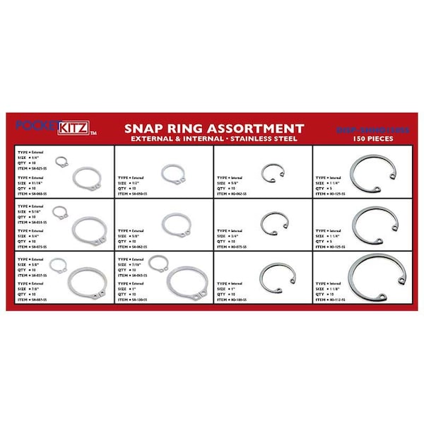 Internal and External Retaining Ring Assortment, Stainless Steel, 153 Pieces